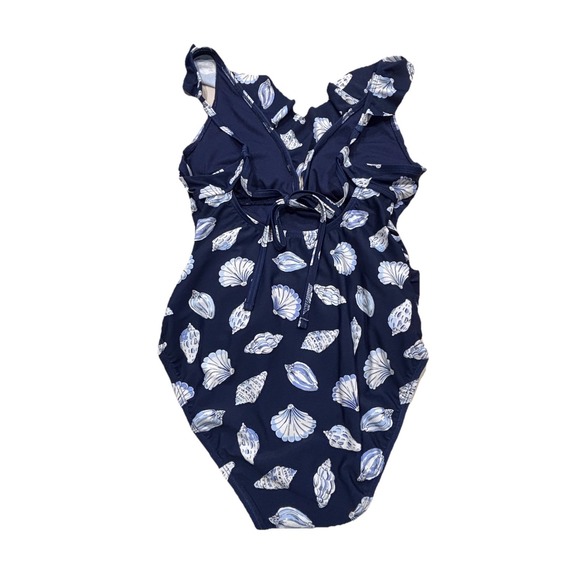 Ellen Tracy One Piece Swimsuit Sz 10 Navy Ruched Ruffle Strap Seashells - Picture 4 of 9